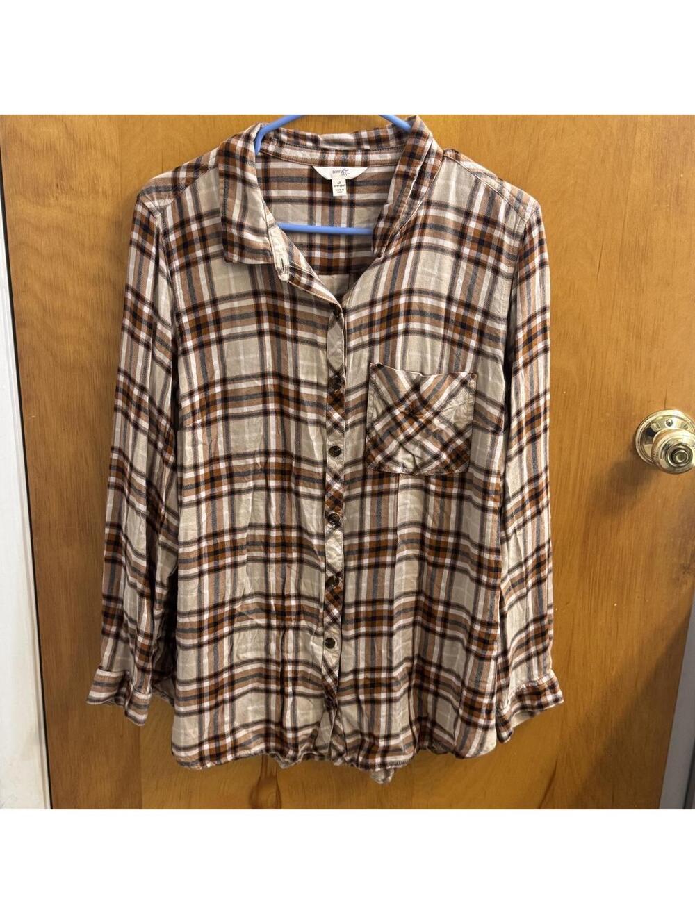 Terra & Sky Men's Brown beige, and white plaid button-up shirt in a 1X